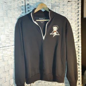 Betty Boop Size Large 1/4 Zip Sweater Pullover Black Rib Knit Trim